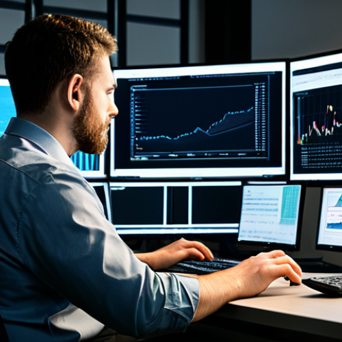 A professional data analyst, fully clothed in a modest business casual outfit, intensely focused on multiple large computer monitors displaying complex data visualizations, intricate graphs, and lines of code. The analyst's well-formed hands are at a keyboard, in a natural pose. The background is a modern, high-tech office environment with subtle ambient lighting, emphasizing an atmosphere of deep concentration and discovery. The image should convey precision and intelligence. safe for work, appropriate content, fully clothed, professional, perfect anatomy, correct proportions, natural body proportions, well-formed hands, proper finger count, high-resolution professional photography, crisp focus.