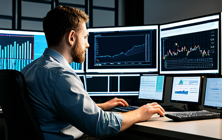 A professional data analyst, fully clothed in a modest business casual outfit, intensely focused on multiple large computer monitors displaying complex data visualizations, intricate graphs, and lines of code. The analyst's well-formed hands are at a keyboard, in a natural pose. The background is a modern, high-tech office environment with subtle ambient lighting, emphasizing an atmosphere of deep concentration and discovery. The image should convey precision and intelligence. safe for work, appropriate content, fully clothed, professional, perfect anatomy, correct proportions, natural body proportions, well-formed hands, proper finger count, high-resolution professional photography, crisp focus.