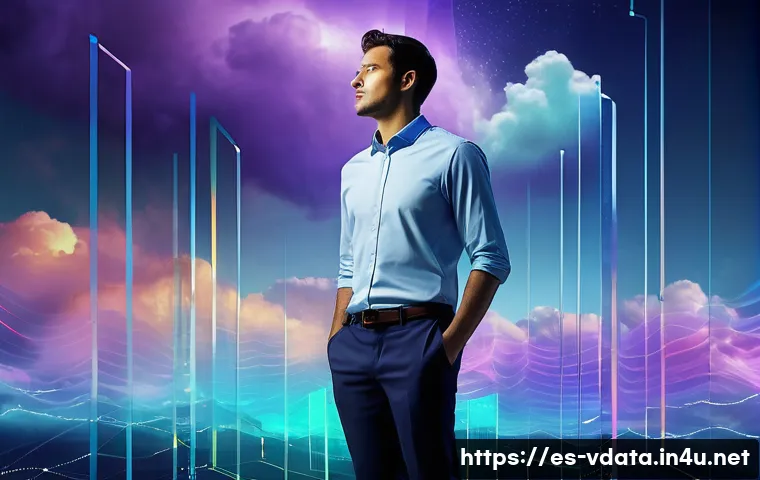 빅데이터 분석가가 알아야 할 클라우드 기술 - **Prompt:** "A vibrant, panoramic view of a male data analyst in his early 30s, dressed in smart-cas...