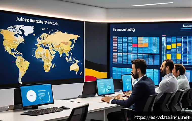 빅데이터를 활용한 마케팅 사례 - A sophisticated digital marketing control room in a modern office in Spain, featuring diverse market...