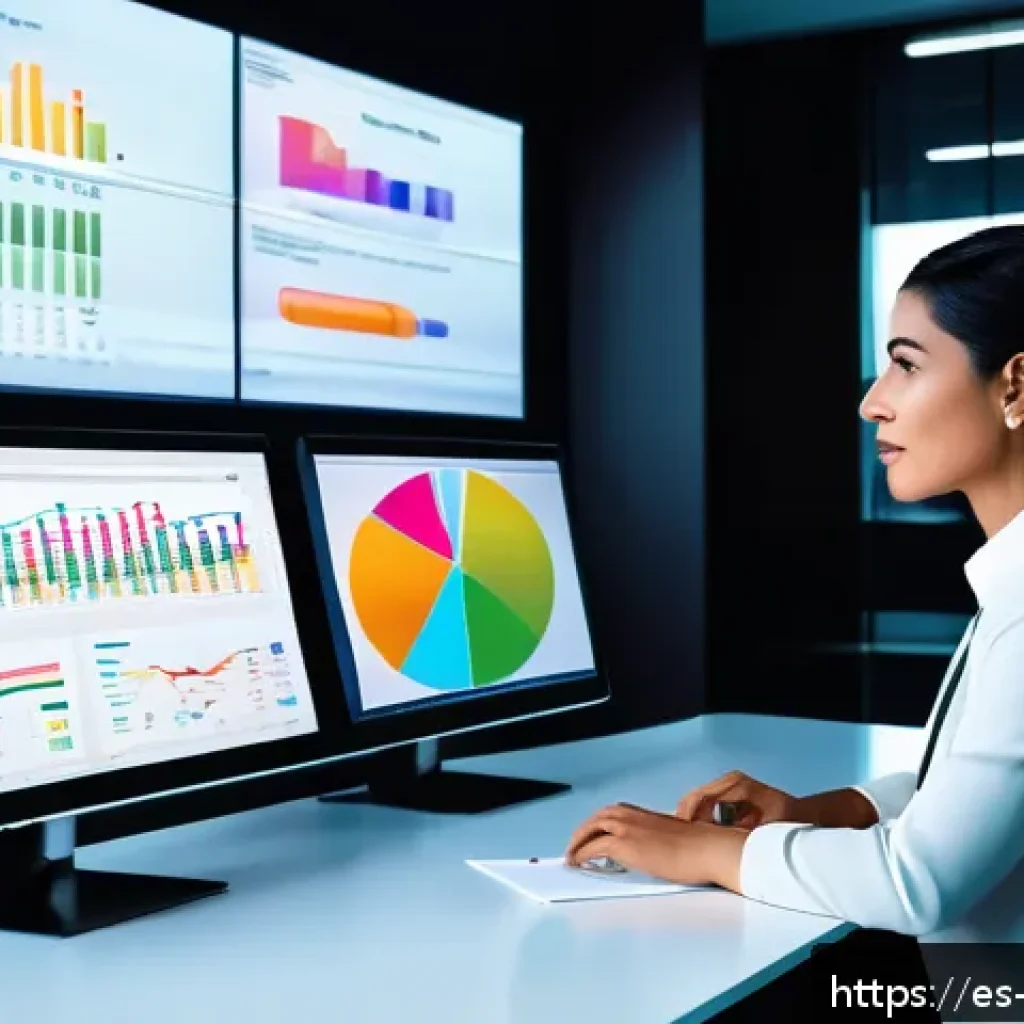 빅데이터 분석가 면접에서 자주 나오는 질문 - A modern data analyst workspace showing a professional Hispanic woman in business casual attire sitt...