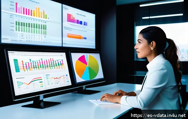 빅데이터 분석가 면접에서 자주 나오는 질문 - A modern data analyst workspace showing a professional Hispanic woman in business casual attire sitt...
