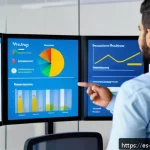 Home 20 빅데이터 분석가와 데이터 사이언티스트의 차이 - A modern office scene with a Hispanic business analyst presenting data insights on a large touchscre...