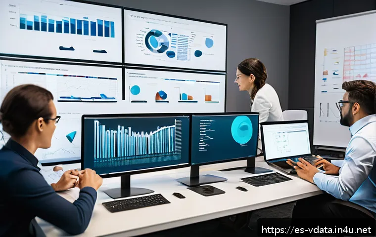 빅데이터 분석 프로젝트 팀의 역할 분담 - A diverse multidisciplinary big data team collaborating in a modern office environment, featuring pr...