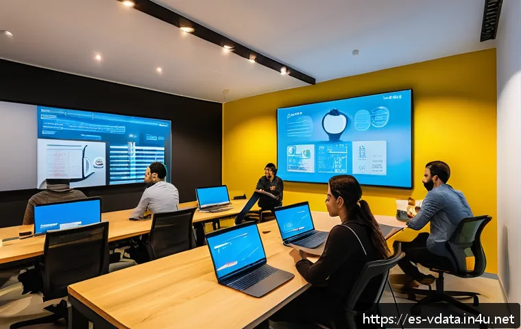 빅데이터 분석가의 커리어 성장 전략 - A modern, bright coworking space in a large Latin American city, featuring diverse professionals col...