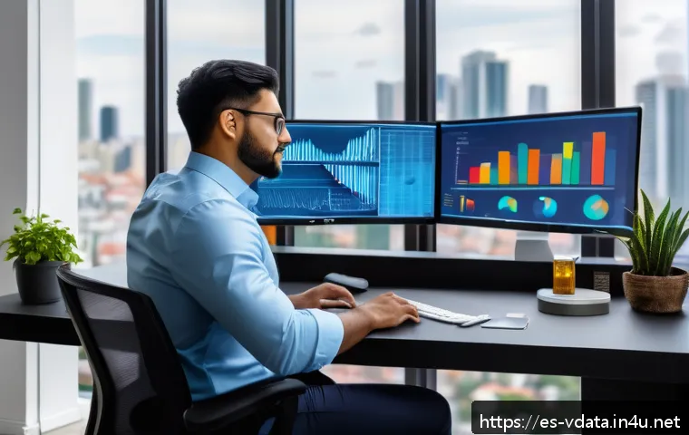 빅데이터 분석가로 이직하기 위한 포트폴리오 - A modern professional workspace featuring a diverse Hispanic data analyst in business casual attire,...